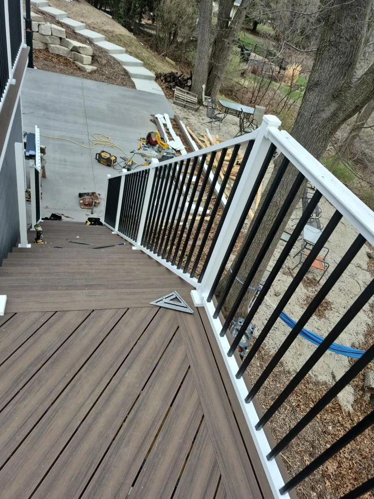 Looking down the stair landing and stair railings